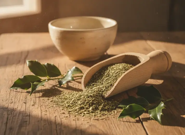 Dried yerba mate leaves on a wooden scoop next to fresh yerba mate leaves