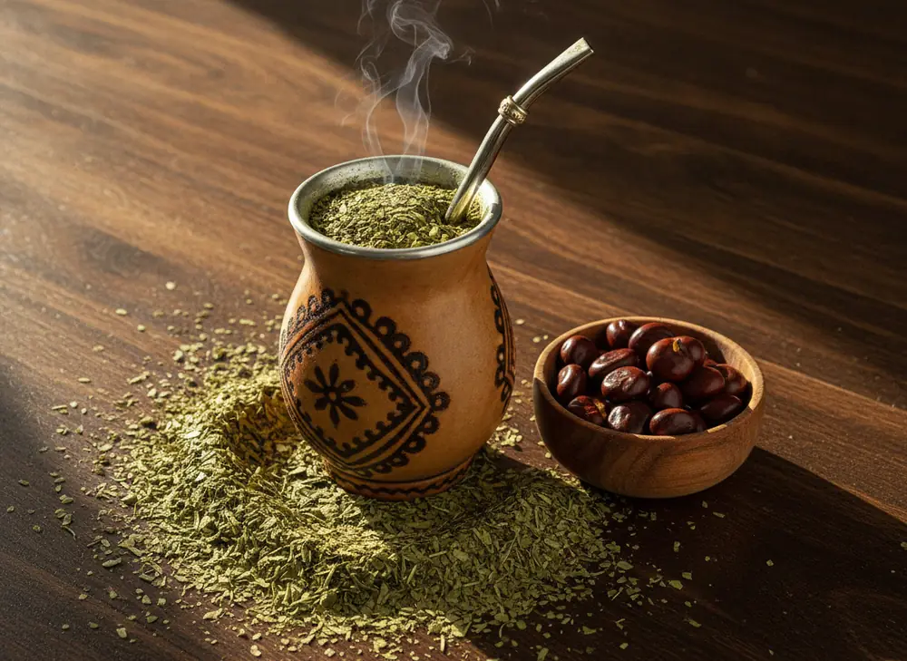 Yerba mate with guarana – matero with bombilla and a small bowl of guarana seeds