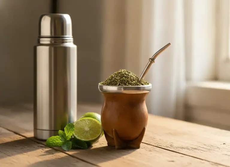 Yerba mate and blood sugar – matero with dried leaves, a thermos and a sugar-free lime
