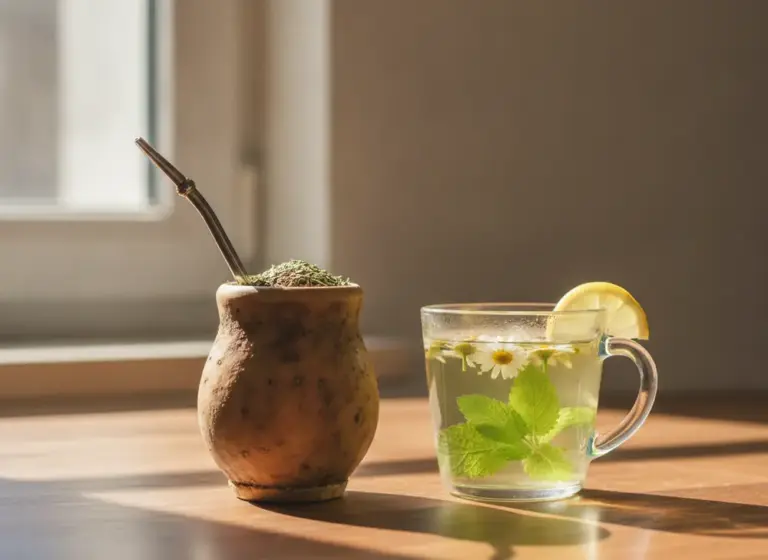 Matero with yerba mate next to a cup of chamomile and lemon balm infusion – choosing drinks during pregnancy