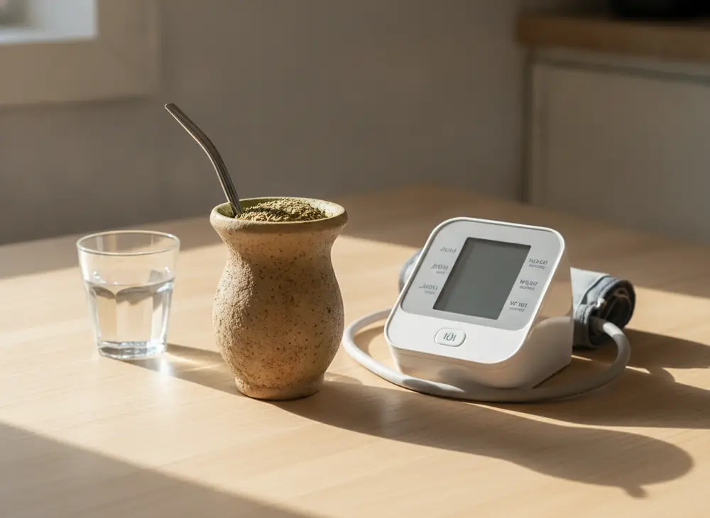 Yerba mate and blood pressure – matero with yerba next to a blood pressure monitor on a table