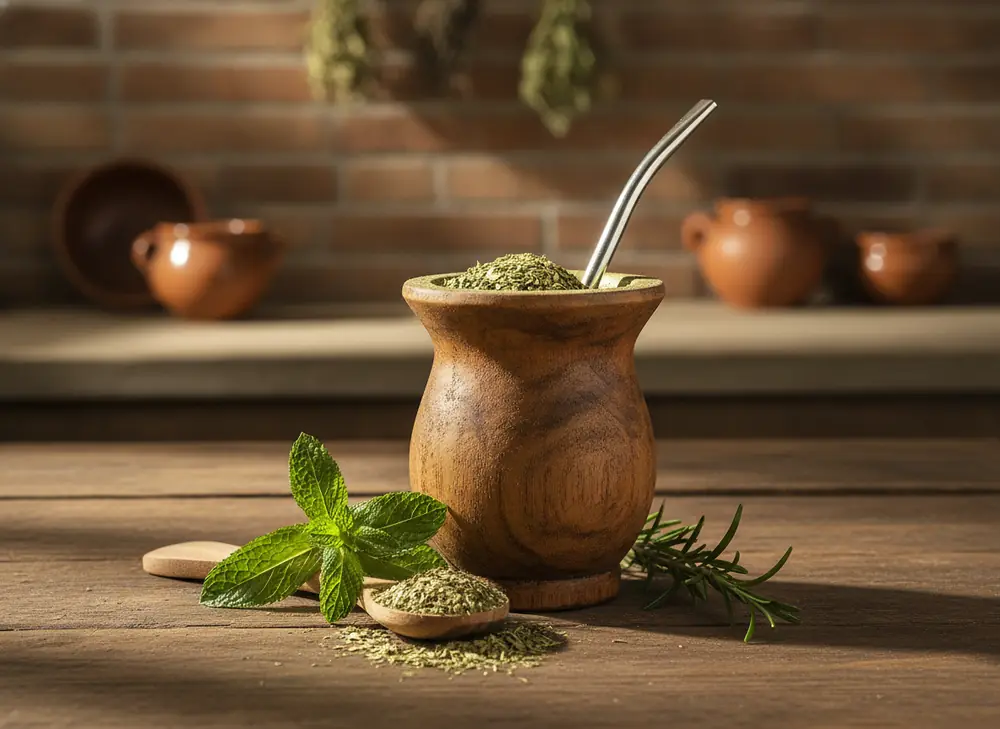 yerba mate and digestion – matero with dried yerba leaves next to fresh mint and rosemary