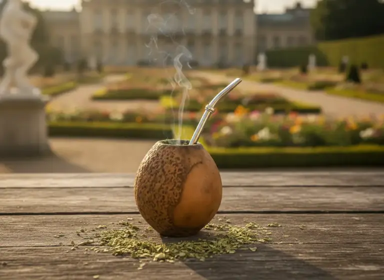 Yerba mate Białystok – matero with bombilla against the backdrop of a baroque palace garden