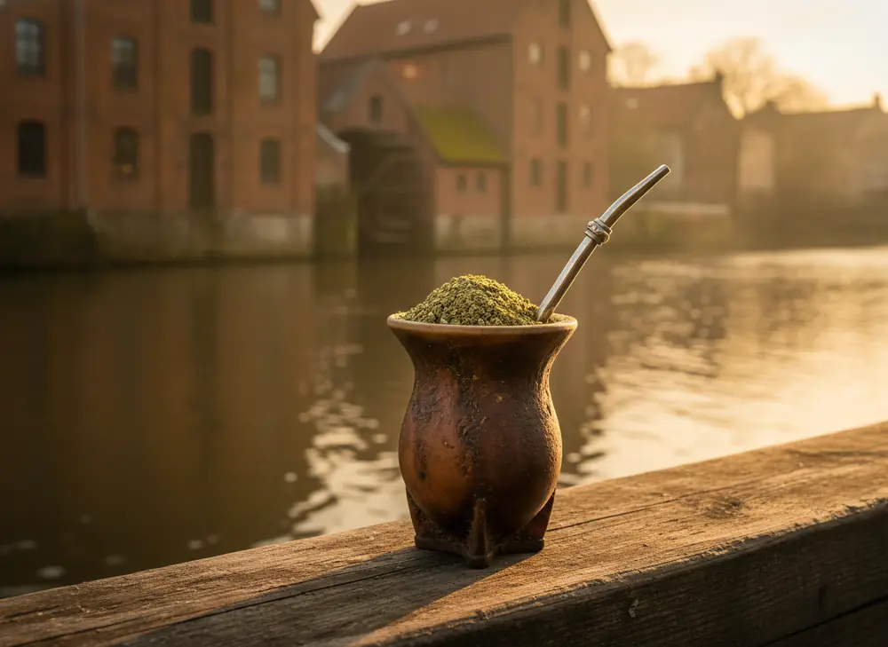 Yerba mate Bydgoszcz – matero with bombilla by the river, with brick granaries and a mill in the background