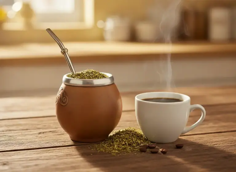 Yerba mate or coffee – matero with bombilla next to a cup of black coffee on a wooden table