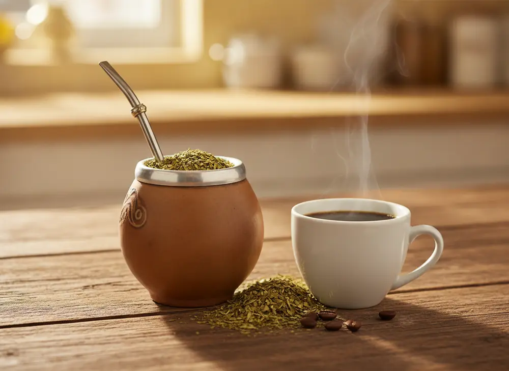 Yerba mate or coffee – matero with bombilla next to a cup of black coffee on a wooden table