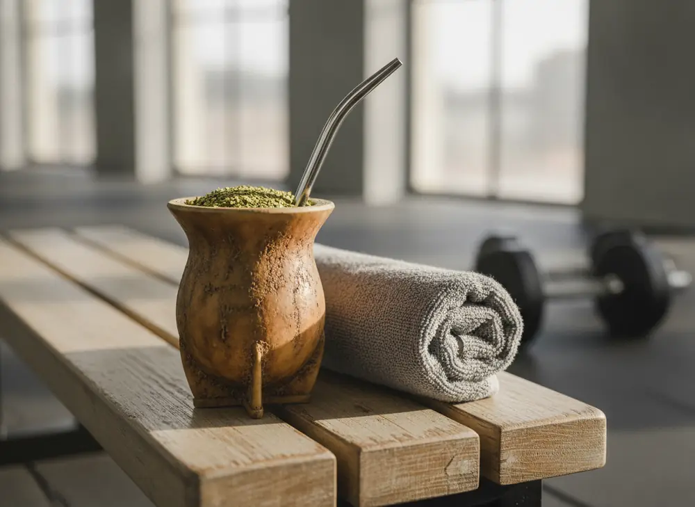 Yerba mate for athletes – matero with a bombilla on a gym bench