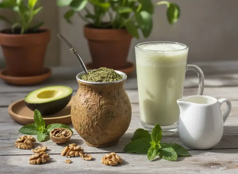 Yerba mate for vegans – matero with bombilla, mate latte with oat milk and plant-based additions