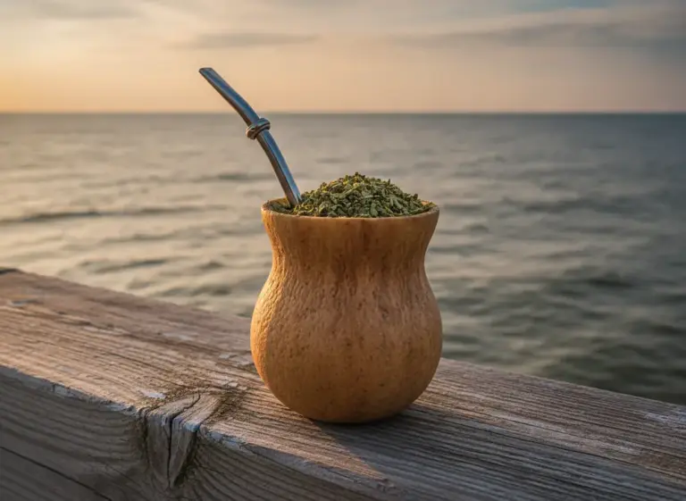 Matero with yerba mate on a wooden pier by the Baltic Sea – yerba mate Gdańsk