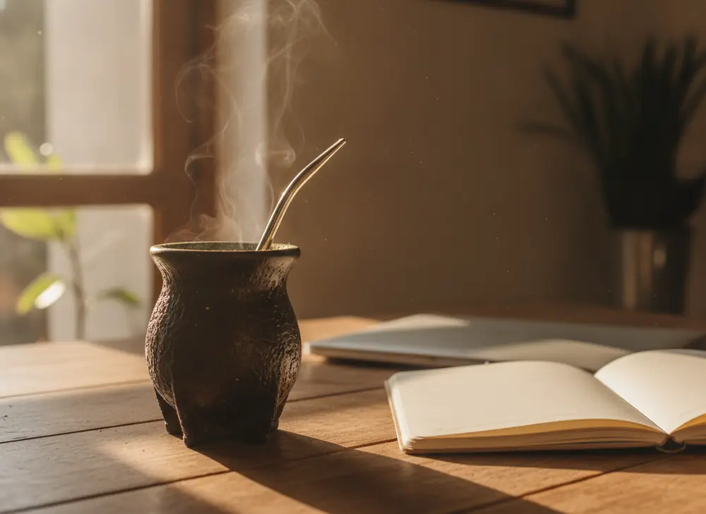 Steaming matero with yerba mate on a desk – energy for work and study