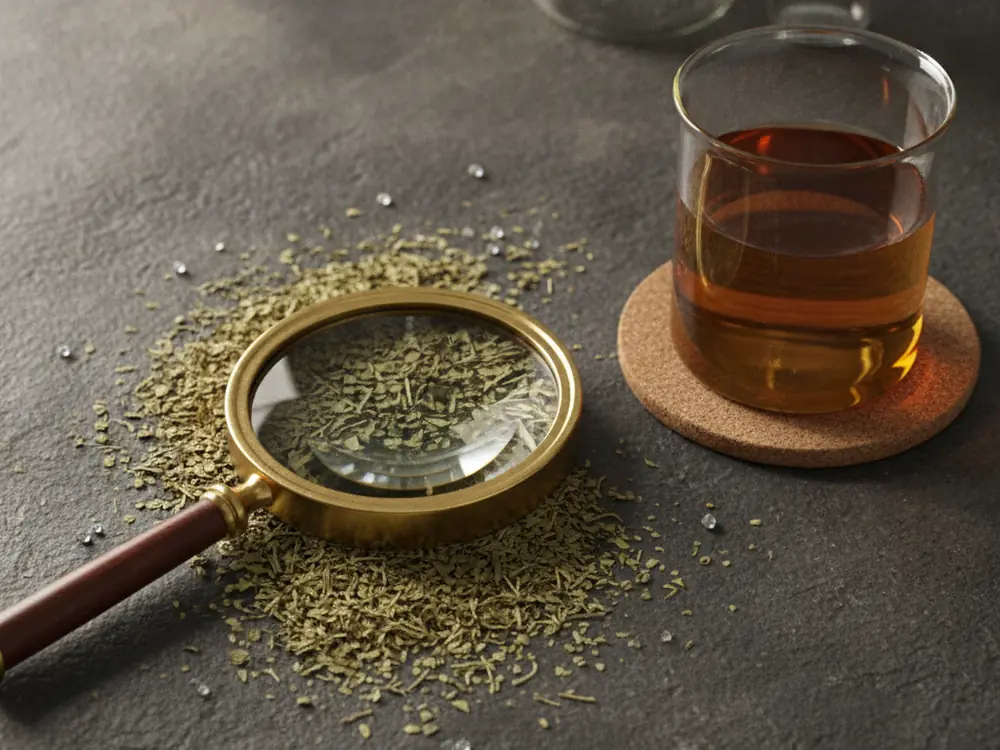 Dried yerba mate leaves on a laboratory bench next to a magnifying glass - quality control and testing