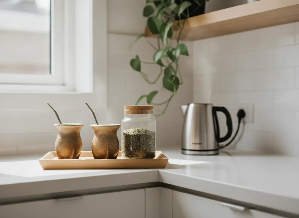 Yerba mate corner in an office kitchen – matero, jar of dried leaves and a kettle