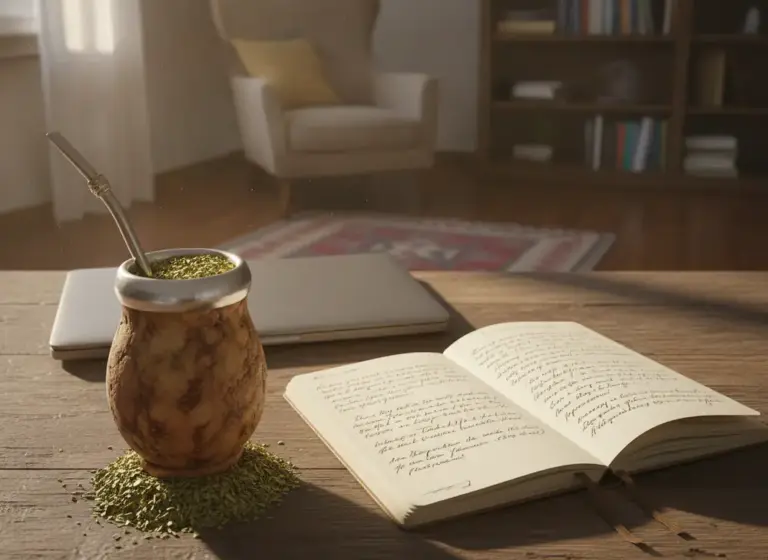 Yerba mate and focus for studying - matero with bombilla next to study notes
