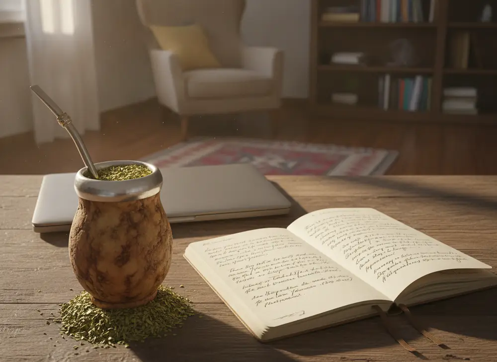 Yerba mate and focus for studying - matero with bombilla next to study notes
