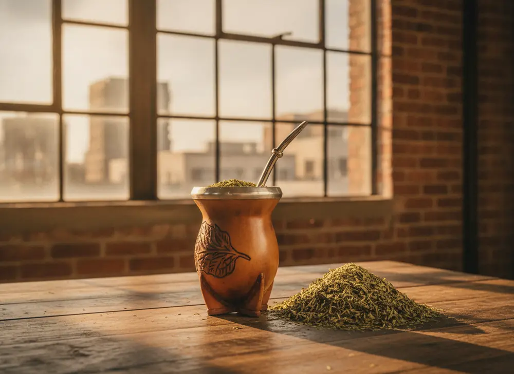 Matero with yerba mate on a wooden table in a Łódź loft with a brick wall – yerba mate Łódź