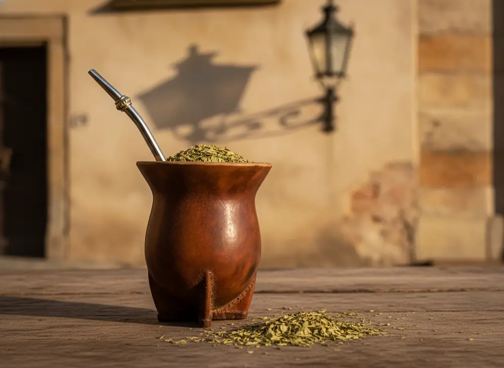 Yerba mate Lublin – matero with bombilla against the backdrop of an old town tenement house