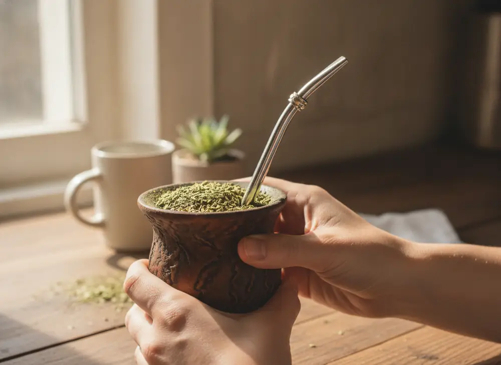 Brewing yerba mate in a traditional matero during a weight-loss diet