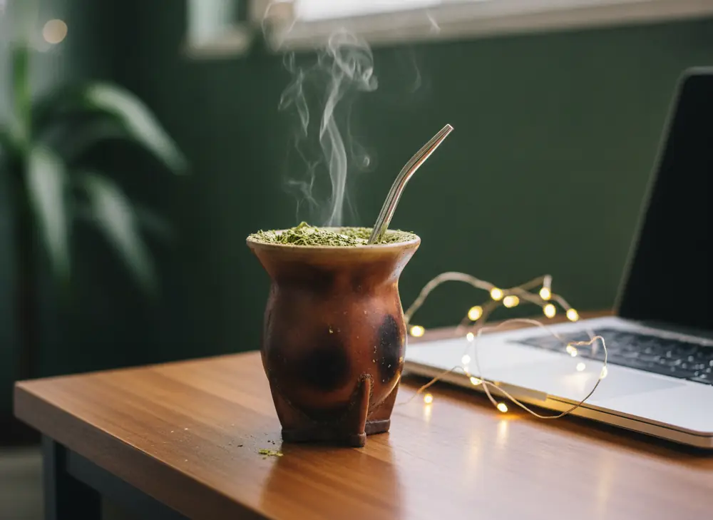 A matero with steaming yerba mate on an employee's desk in a wintry setting