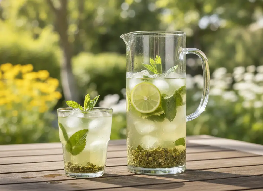 Cold yerba mate - tereré with lime and mint in a pitcher with ice, catering format