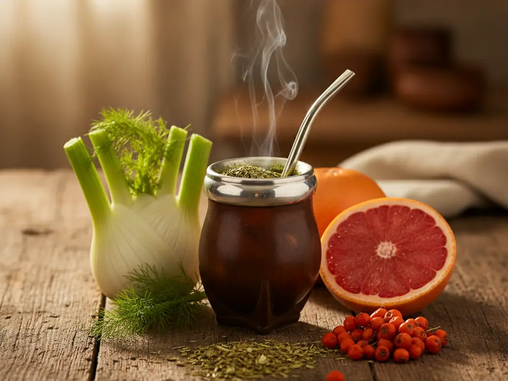 Natural herbs supporting weight loss - fennel, grapefruit, rowan next to yerba mate in a matero