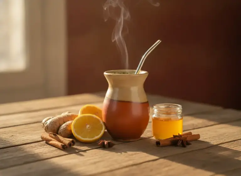 Yerba mate and immunity – matero with ginger, lemon and honey on an autumn table