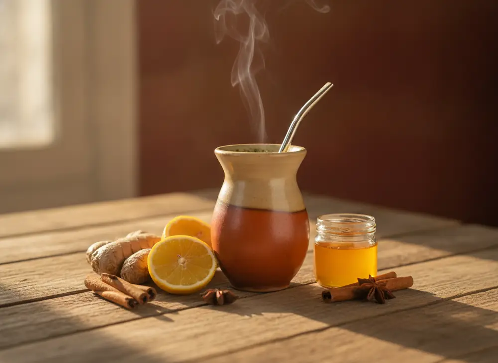 Yerba mate and immunity – matero with ginger, lemon and honey on an autumn table