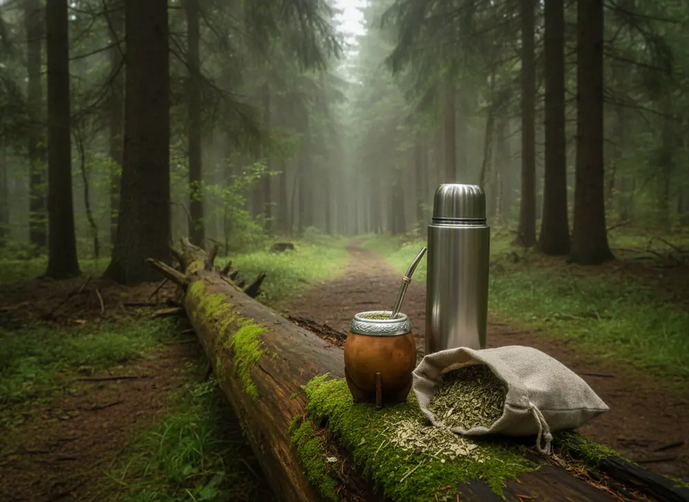A matero with a bombilla and a thermos on a moss-covered log in the forest of Podlasie