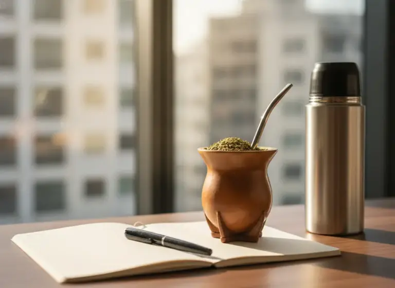 Yerba mate Poznań – matero with bombilla on a desk next to a notebook, morning energy for work