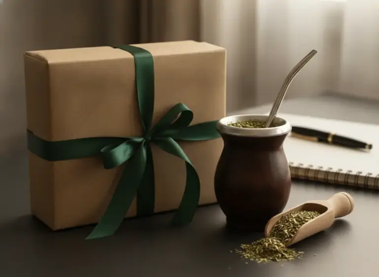 Yerba mate corporate gift – gift box, matero with bombilla and dried leaves on a desk