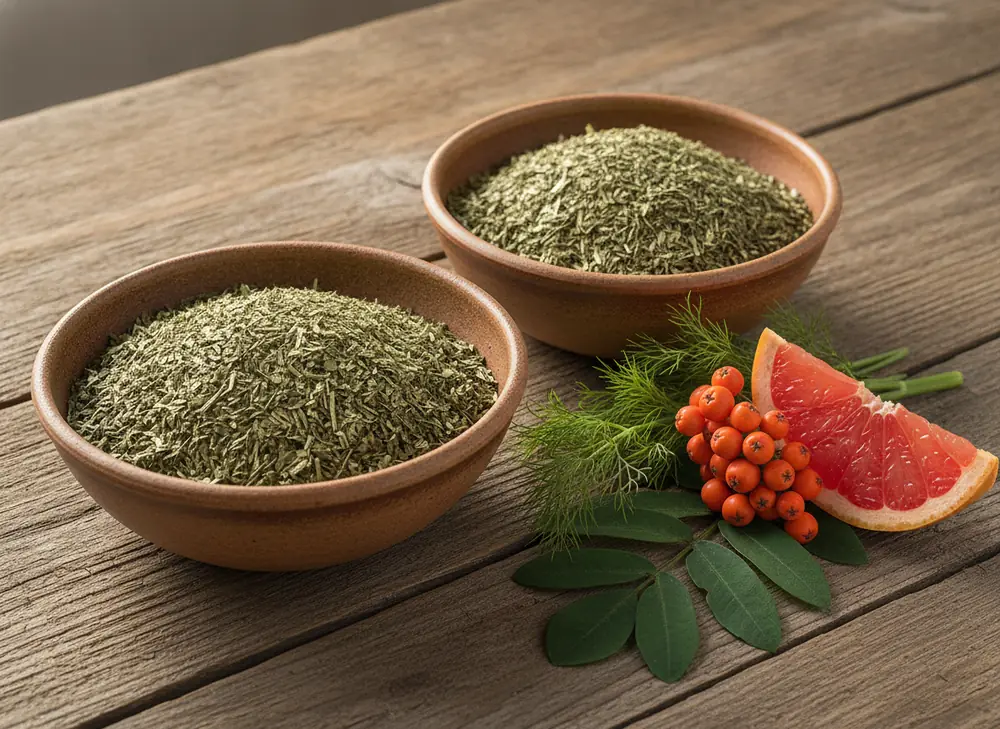 yerba mate slim fit and classic – comparison of dried leaves in two bowls