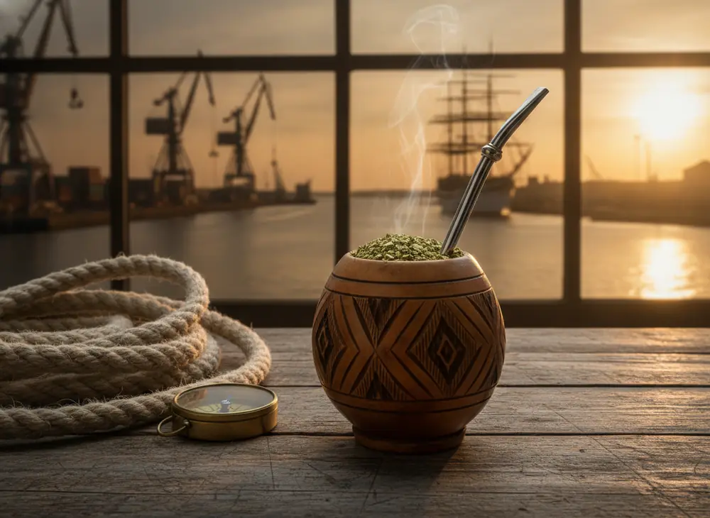 Matero with yerba mate on a wooden table against a port backdrop with cranes and a sailing ship – yerba mate Szczecin