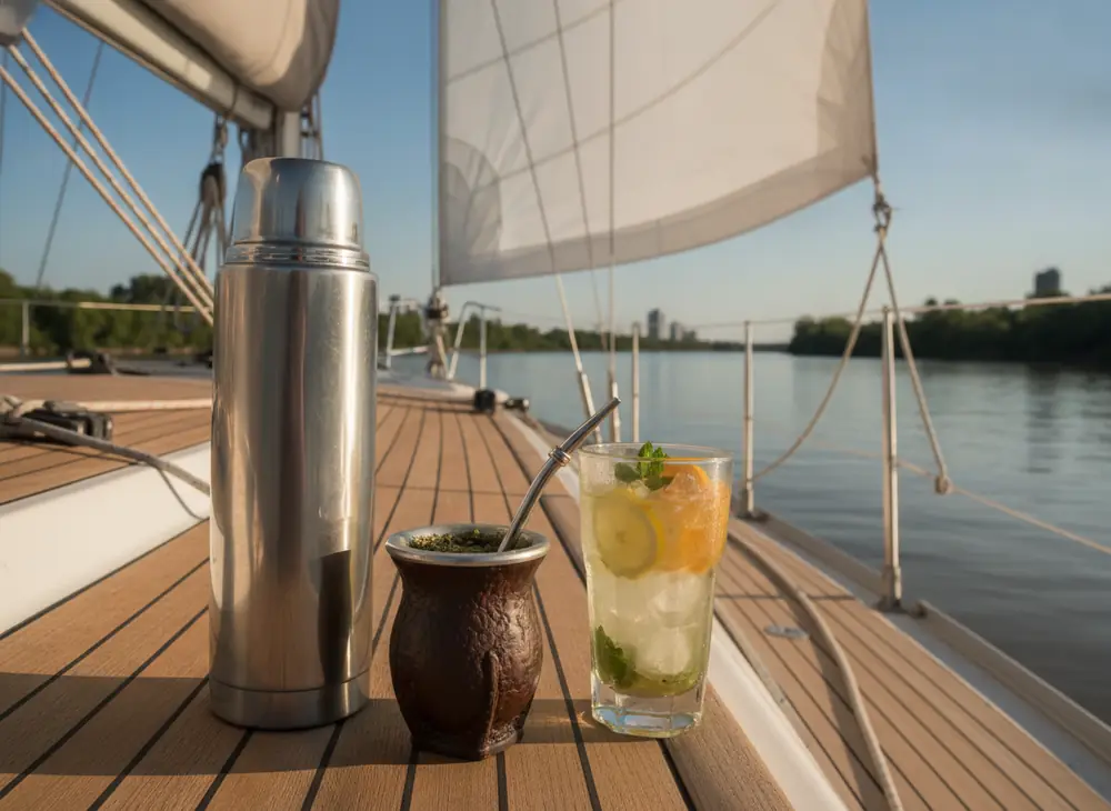 A thermos, matero and a glass of terere aboard a sailing yacht on the water – yerba mate for sailing in Szczecin