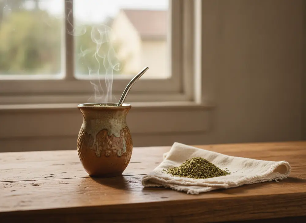 A matero with steaming yerba mate on a desk by the window — buying yerba mate for home