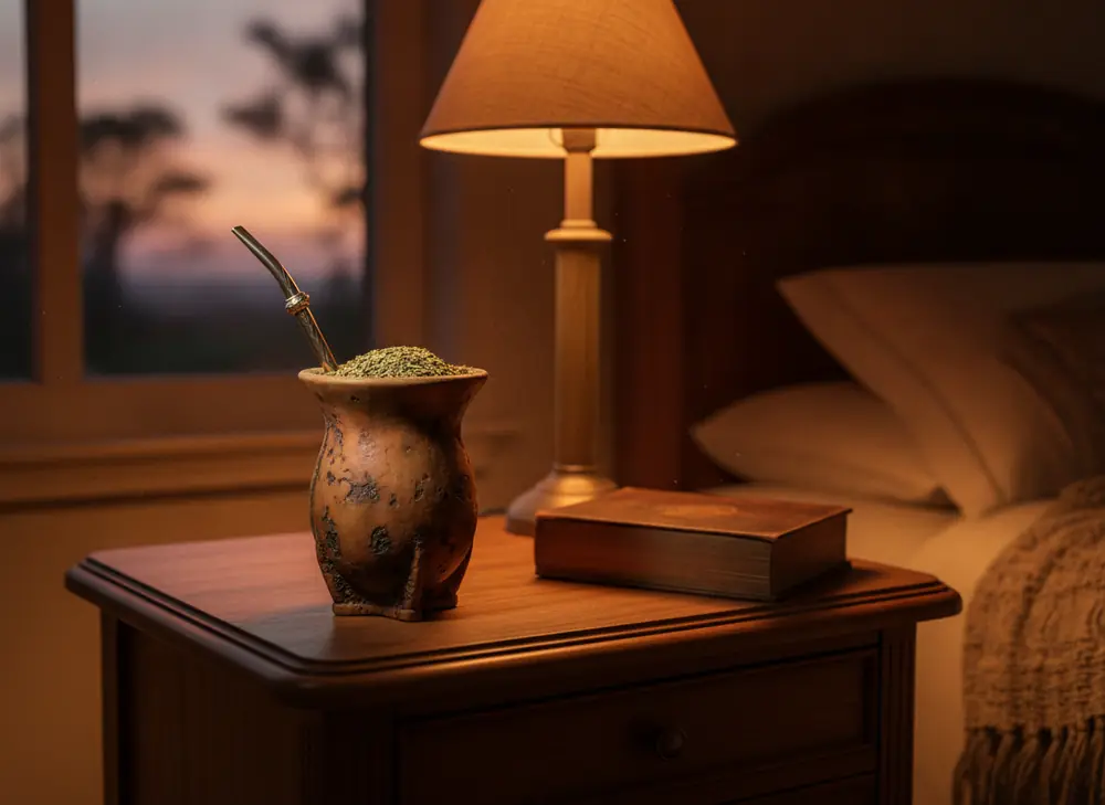 Yerba mate in the evening – matero with a bombilla on the nightstand by a lamp