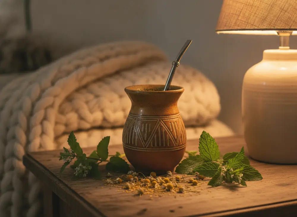 An evening matero with yerba mate alongside lemon balm and chamomile