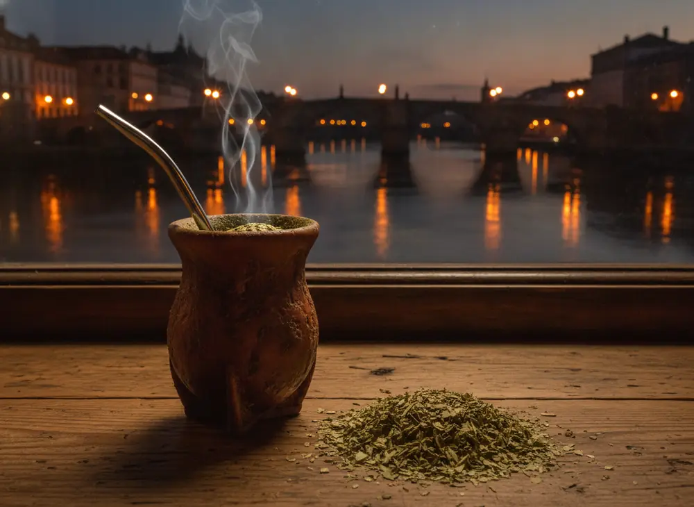 Yerba mate Wrocław - matero with bombilla against a backdrop of the evening river and bridge