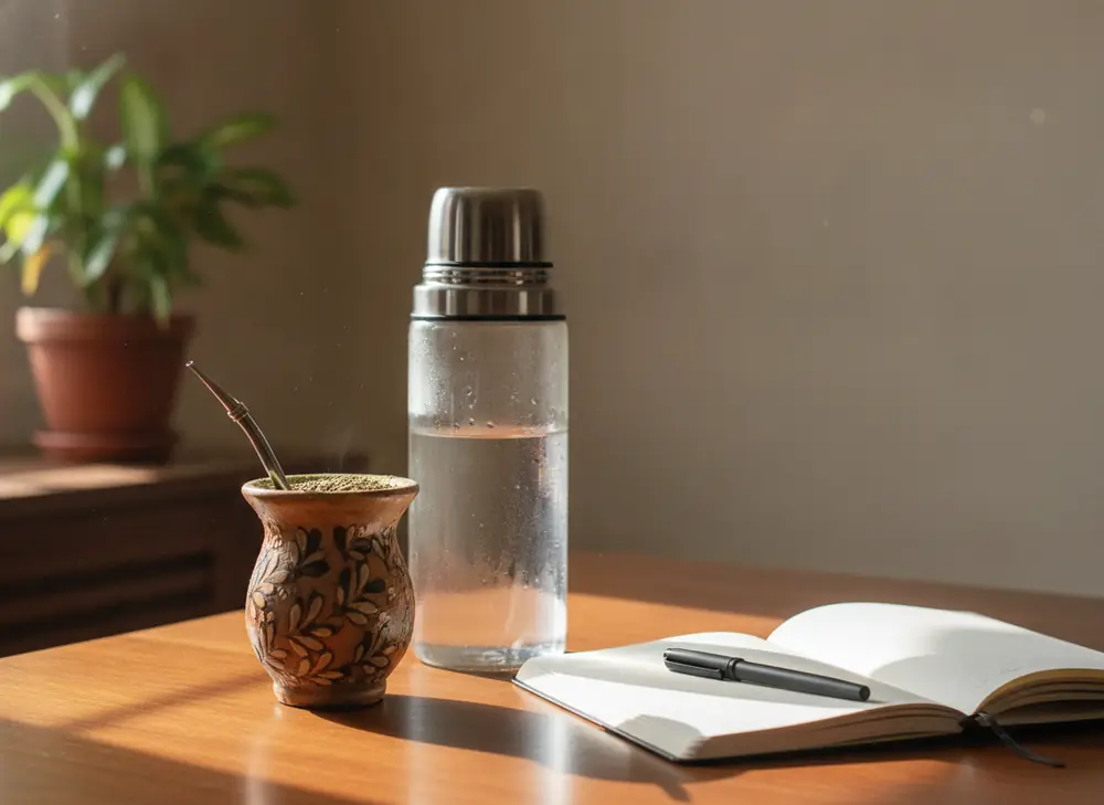 A matero with yerba mate and a thermos on the desk – steady energy for work instead of coffee