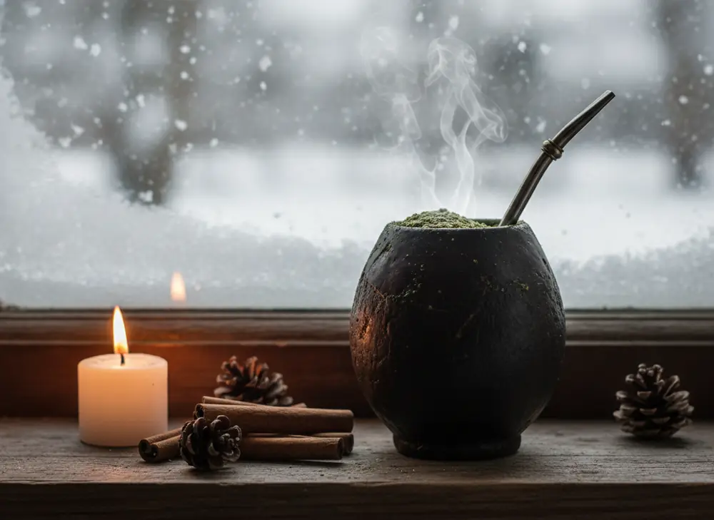 Steaming yerba mate in a matero on the windowsill on a winter evening