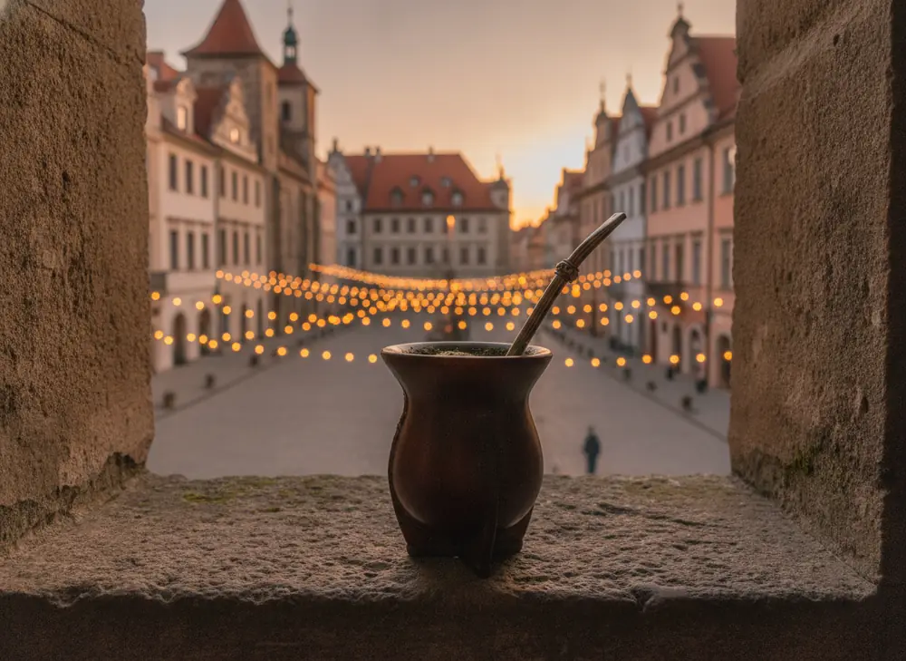 yerba mate matero with a view of Kraków's Old Town at dusk