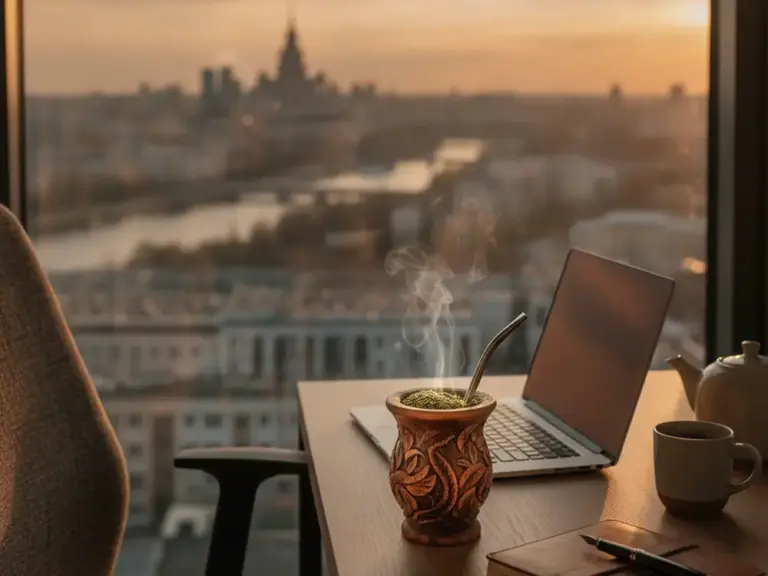 yerba mate in a Warsaw office with a city skyline view