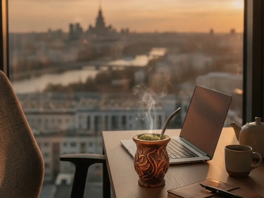 yerba mate in a Warsaw office with a city skyline view