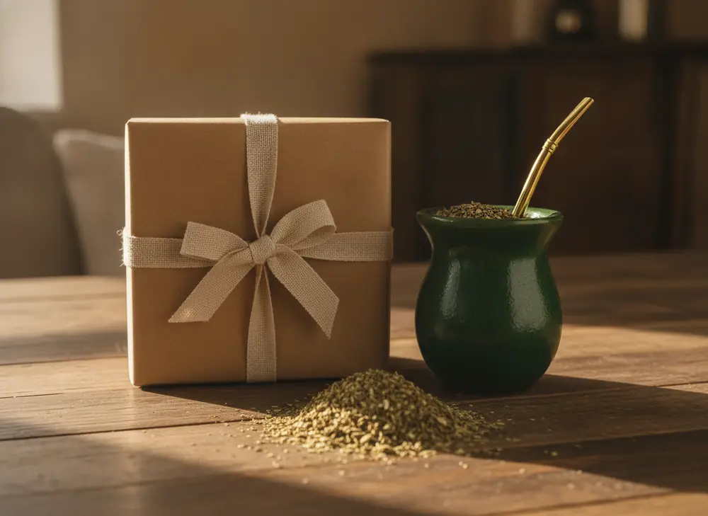 Yerba mate gift set – matero, bombilla and a box with a bow on a wooden table