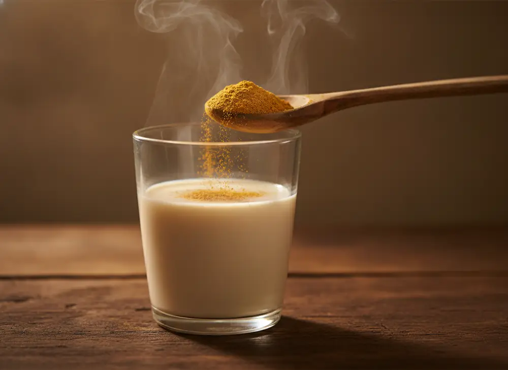 A spoonful of ashwagandha powder being poured into a glass of warm plant-based milk