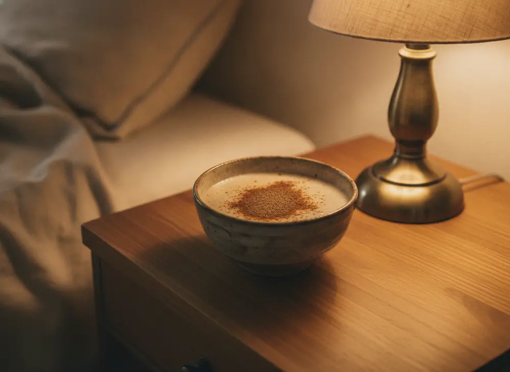 An evening smoothie sprinkled with ashwagandha powder on a wooden nightstand
