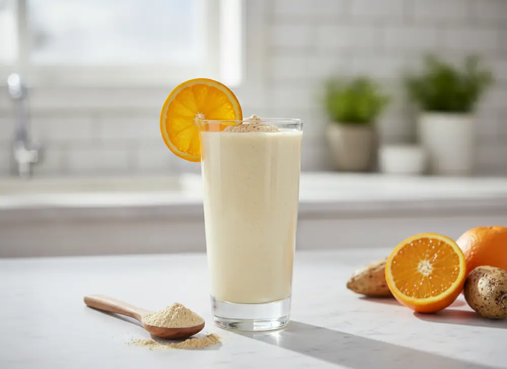 Baobab smoothie – a glass of drink with a sprinkle of baobab powder on the kitchen counter