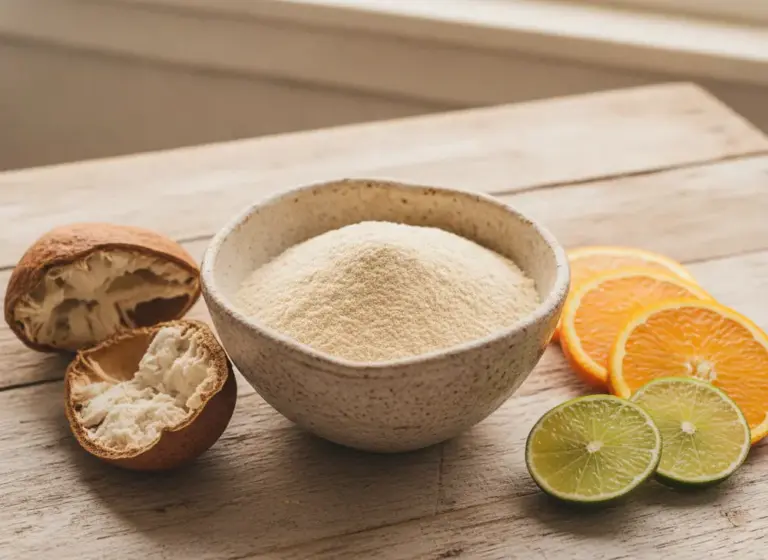 Baobab powder – a bowl of powdered pulp with lemon and lime slices