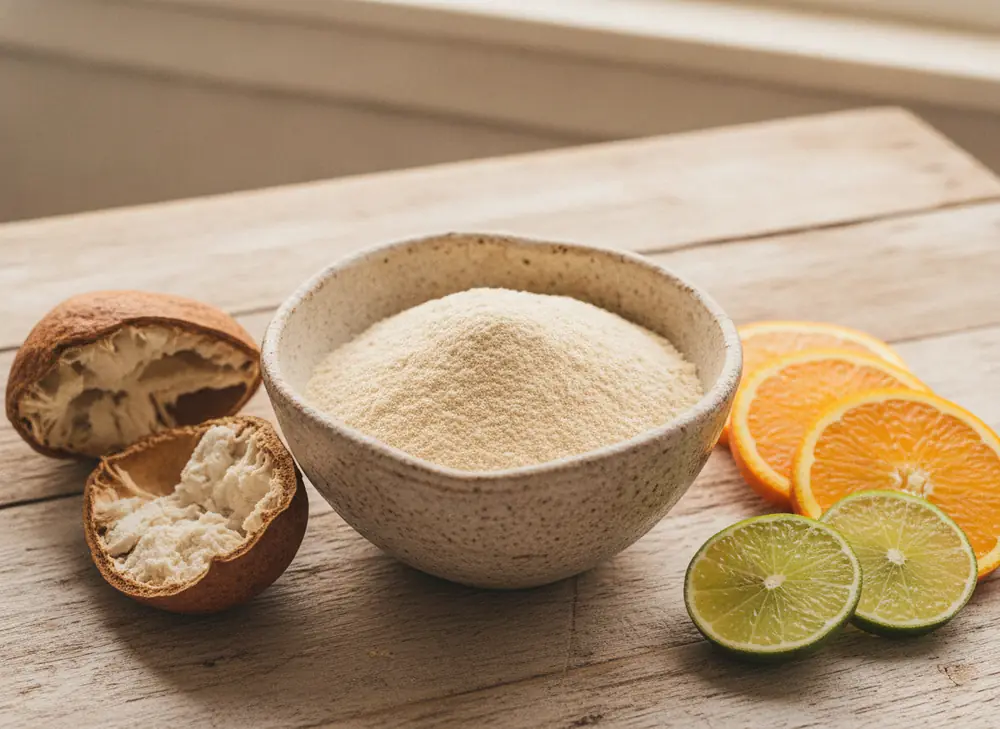 Baobab powder – a bowl of powdered pulp with lemon and lime slices