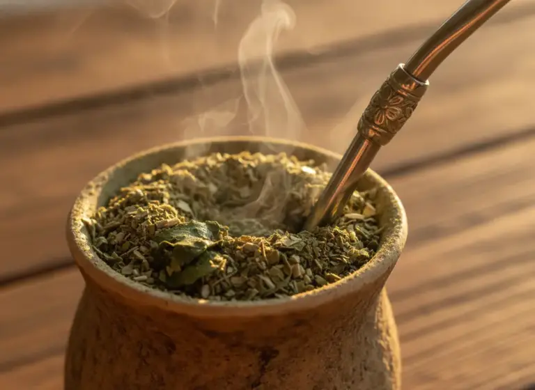 Yerba mate and sodium - metal bombilla immersed in dried yerba mate leaves
