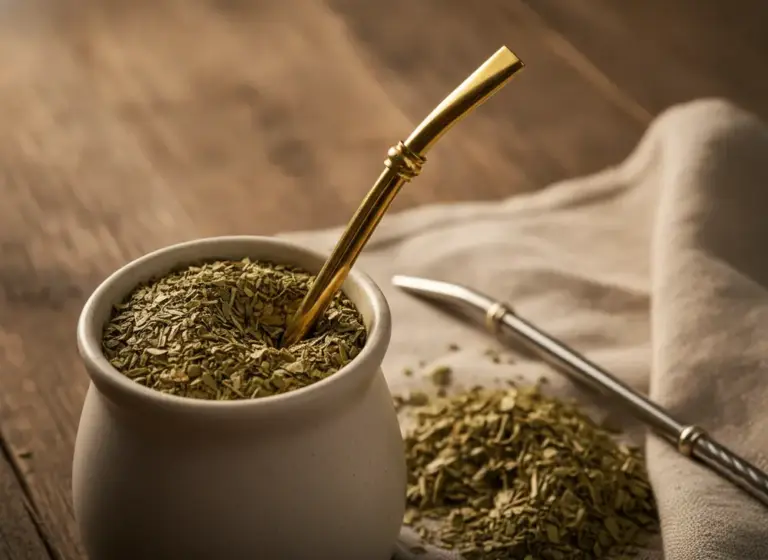 Gold and silver bombilla for yerba mate in a ceramic matero