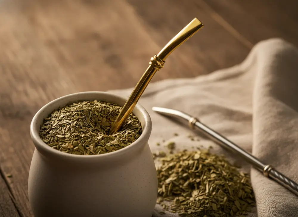 A gold bombilla for yerba mate immersed in a ceramic matero with dried leaves